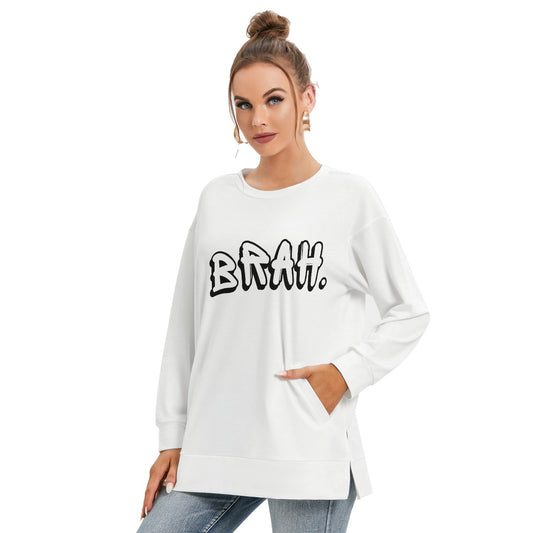 BRAH. w/ Red Logo Back - Women's Side Split O-neck Sweatshirt with pockets